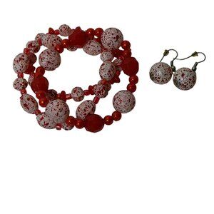 Red and White Speckled Bead Jewelry Set 3-Strand Bracelet and Dangle Earrings